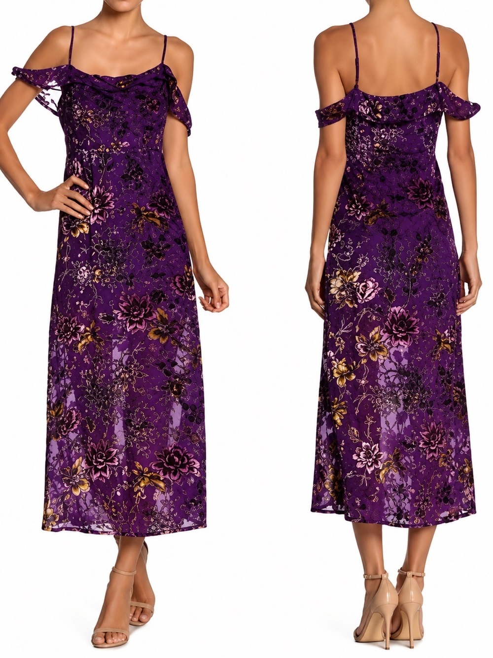 NWT Honey Punch Purple Floral Velvet Burnout Cold Shoulder Midi Dress M